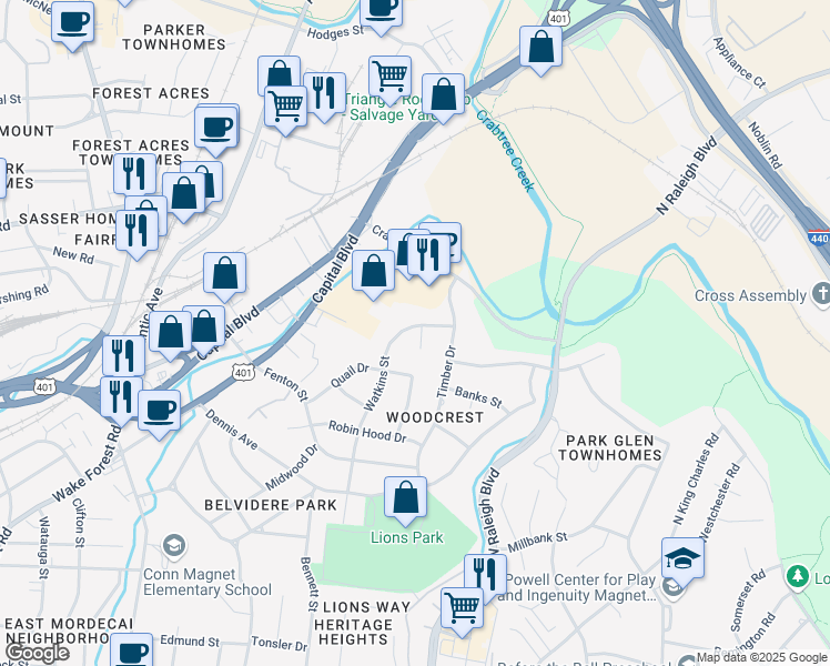 map of restaurants, bars, coffee shops, grocery stores, and more near 2311 Lora Lane in Raleigh