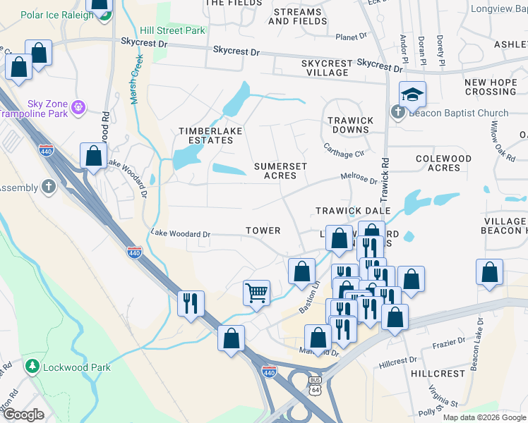 map of restaurants, bars, coffee shops, grocery stores, and more near 3406 Melrose Drive in Raleigh