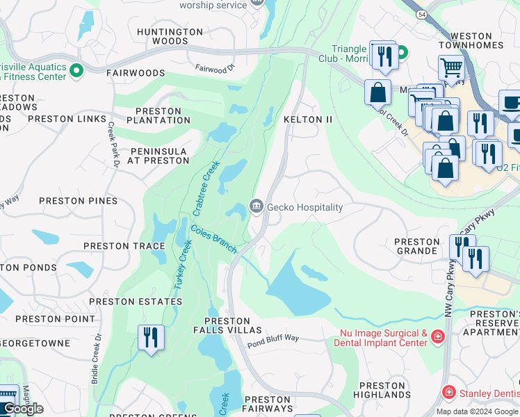 map of restaurants, bars, coffee shops, grocery stores, and more near 925 Crabtree Crossing Parkway in Morrisville