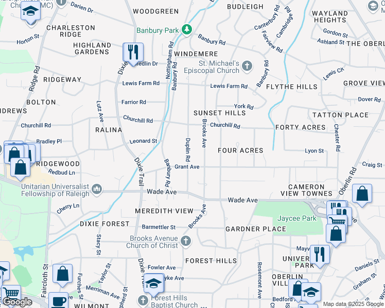 map of restaurants, bars, coffee shops, grocery stores, and more near 1312 Duplin Road in Raleigh