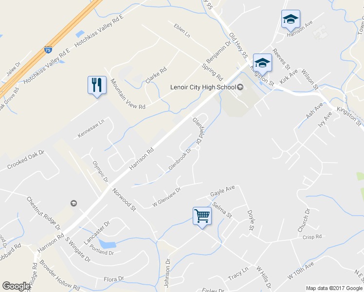 map of restaurants, bars, coffee shops, grocery stores, and more near 308 Glenridge Lane in Lenoir City