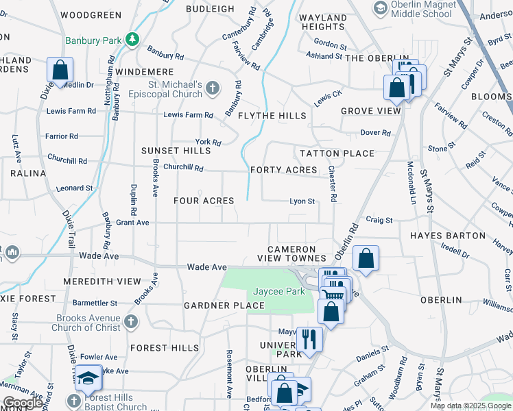 map of restaurants, bars, coffee shops, grocery stores, and more near 2347 Lyon Street in Raleigh