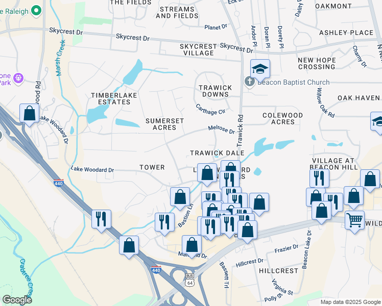 map of restaurants, bars, coffee shops, grocery stores, and more near 3609 Bond Street in Raleigh