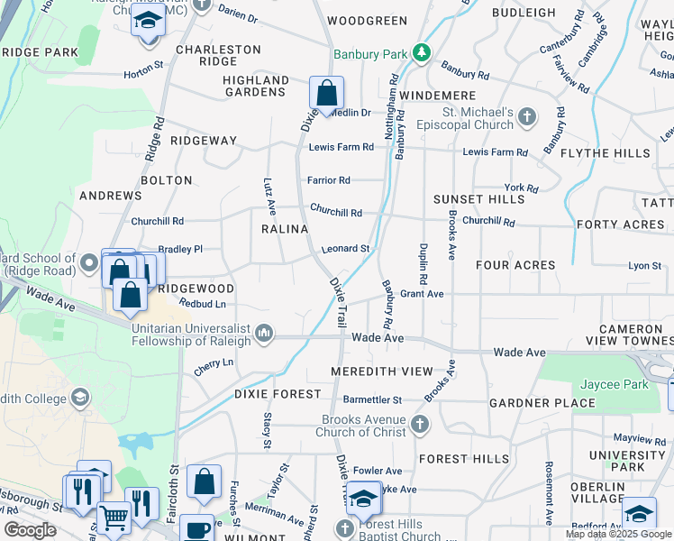 map of restaurants, bars, coffee shops, grocery stores, and more near 1220 Dixie Trail in Raleigh