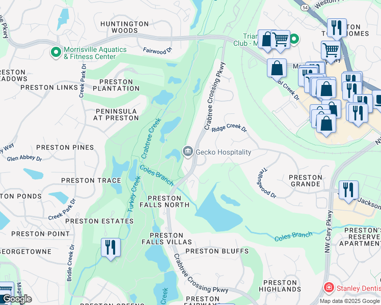 map of restaurants, bars, coffee shops, grocery stores, and more near 925 Crabtree Crossing Parkway in Morrisville