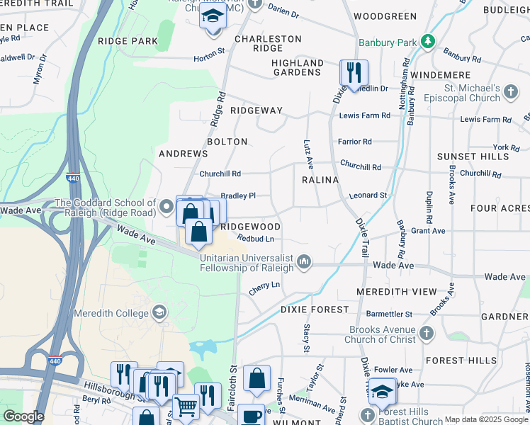 map of restaurants, bars, coffee shops, grocery stores, and more near 3406 Leonard Street in Raleigh