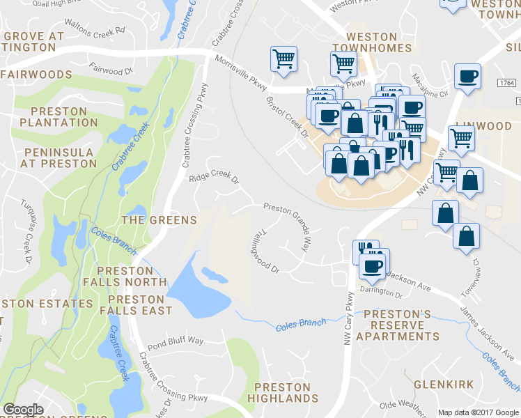 map of restaurants, bars, coffee shops, grocery stores, and more near 102 Preston Grande Way in Morrisville