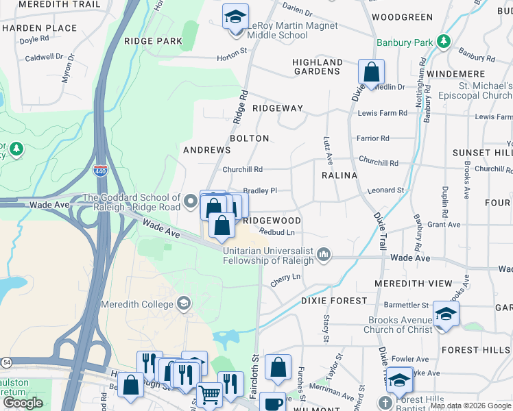 map of restaurants, bars, coffee shops, grocery stores, and more near 3438 Leonard St in Raleigh