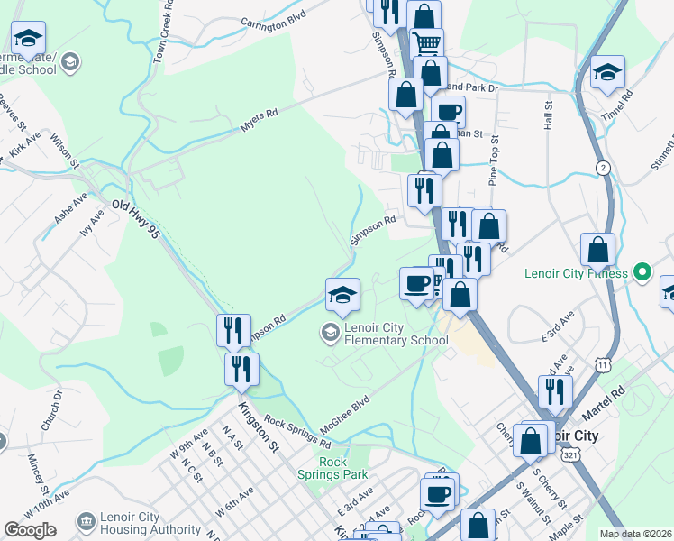 map of restaurants, bars, coffee shops, grocery stores, and more near 317 Simpson Road in Lenoir City