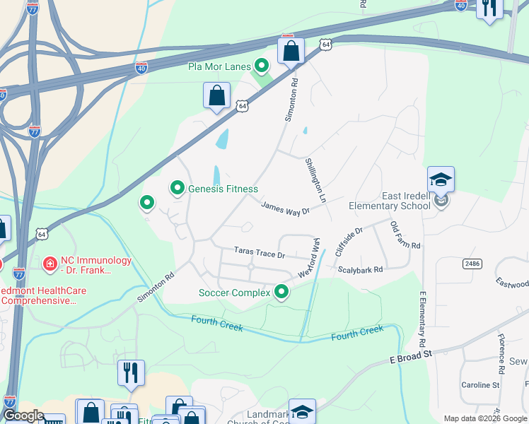 map of restaurants, bars, coffee shops, grocery stores, and more near 2206 James Way Drive in Statesville