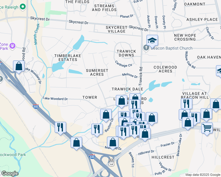 map of restaurants, bars, coffee shops, grocery stores, and more near 3609 Bond Street in Raleigh