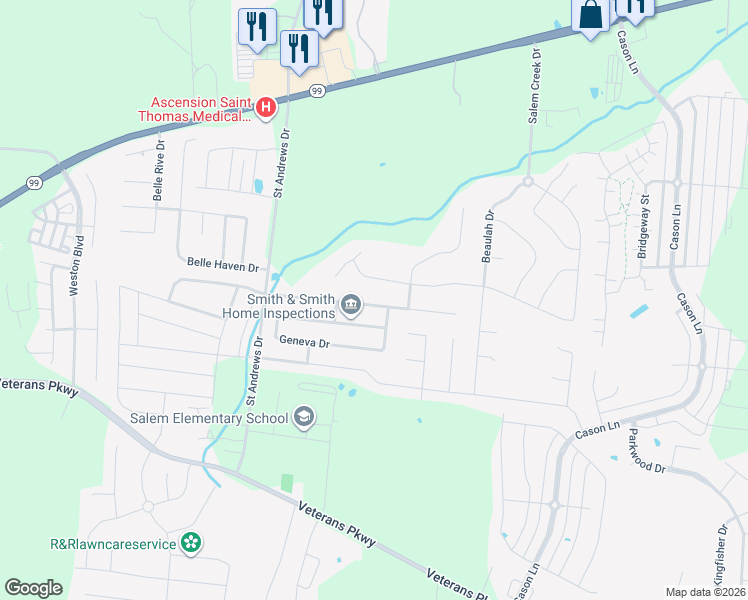 map of restaurants, bars, coffee shops, grocery stores, and more near 3310 Genoa Drive in Murfreesboro