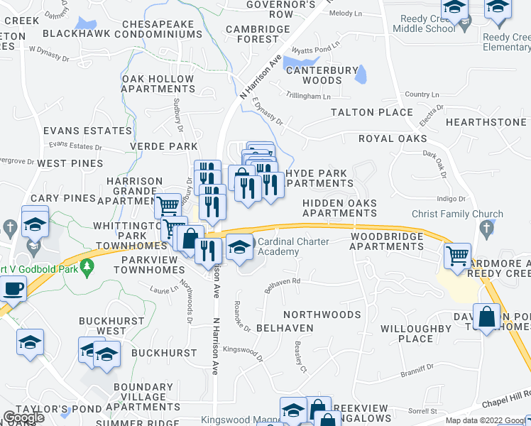 map of restaurants, bars, coffee shops, grocery stores, and more near 205 Grande Heights Drive in Cary