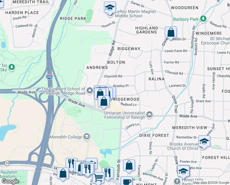 map of restaurants, bars, coffee shops, grocery stores, and more near 3438 Leonard Street in Raleigh