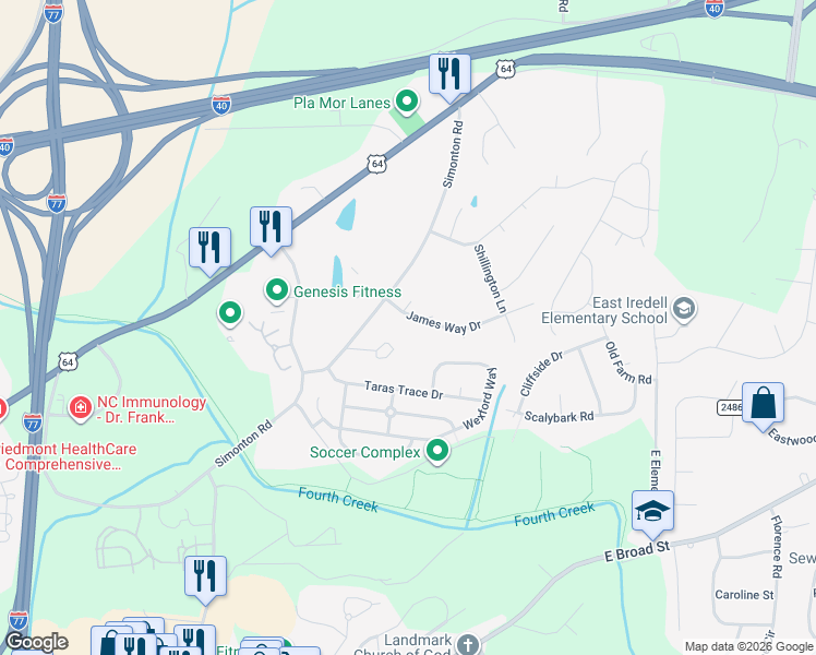 map of restaurants, bars, coffee shops, grocery stores, and more near 2206 James Way Drive in Statesville