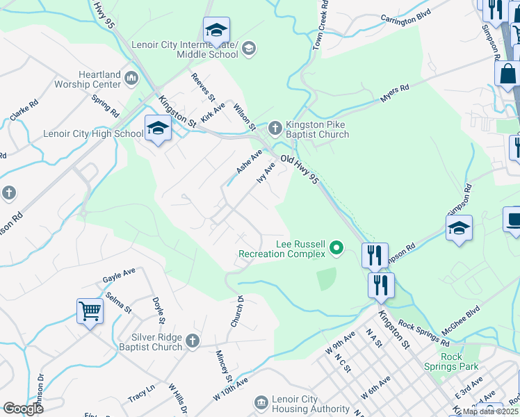 map of restaurants, bars, coffee shops, grocery stores, and more near 124 Candlenook Lane in Lenoir City