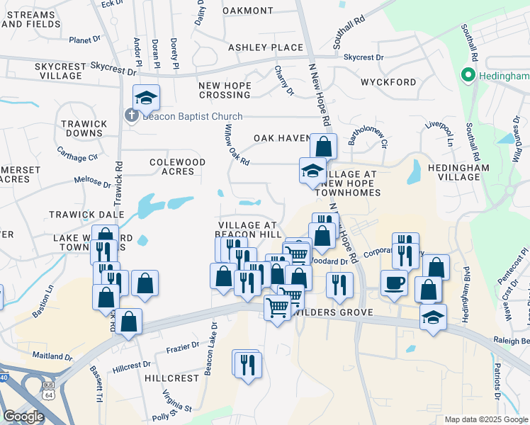 map of restaurants, bars, coffee shops, grocery stores, and more near 4271 Lake Woodard Drive in Raleigh