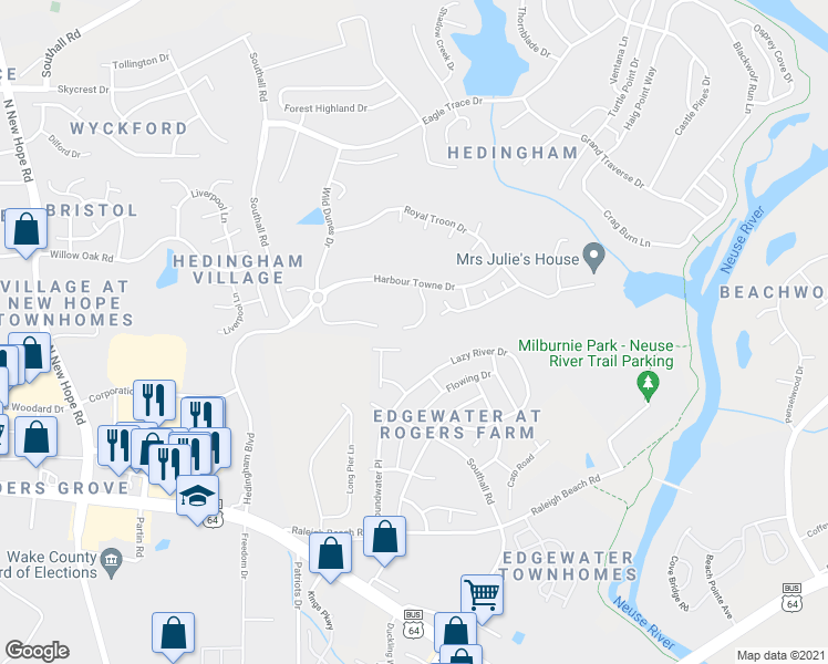 map of restaurants, bars, coffee shops, grocery stores, and more near 1708 Kingston Heath Way in Raleigh