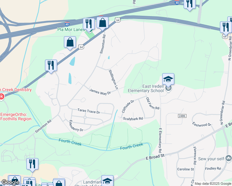 map of restaurants, bars, coffee shops, grocery stores, and more near 2308 James Way Drive in Statesville