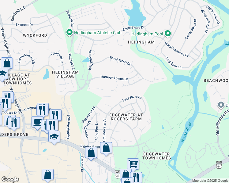 map of restaurants, bars, coffee shops, grocery stores, and more near 1708 Kingston Heath Way in Raleigh