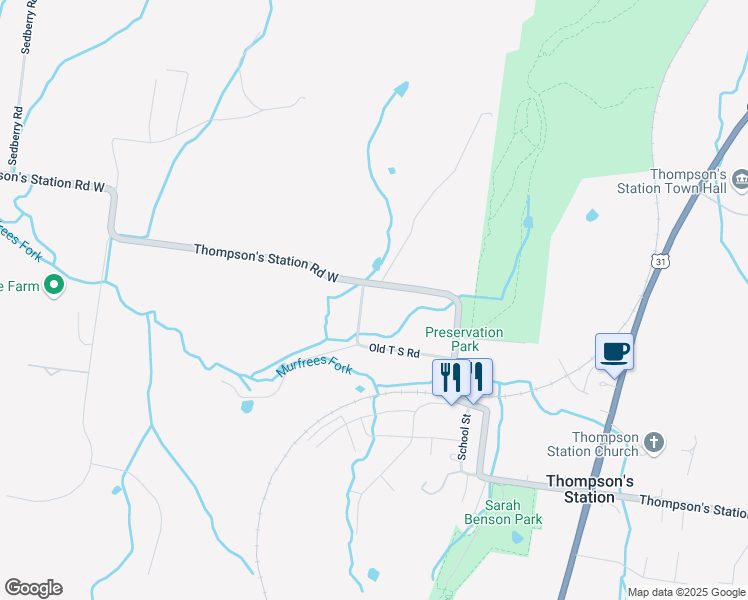 map of restaurants, bars, coffee shops, grocery stores, and more near 1631 Old Thompson Station Road in Thompson's Station