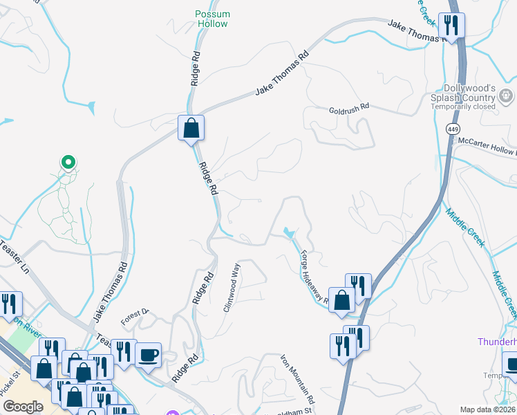 map of restaurants, bars, coffee shops, grocery stores, and more near 2307 Forge Hideaway Loop in Sevierville