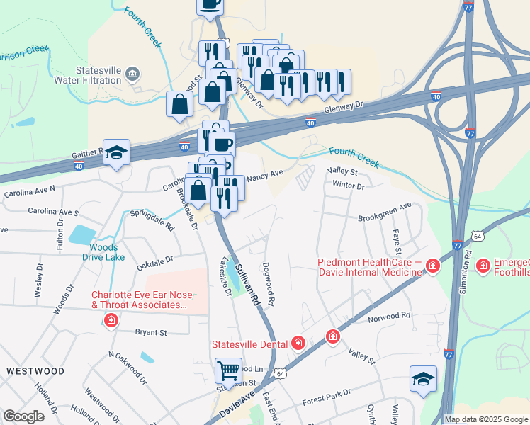 map of restaurants, bars, coffee shops, grocery stores, and more near 1115 Dogwood Road in Statesville