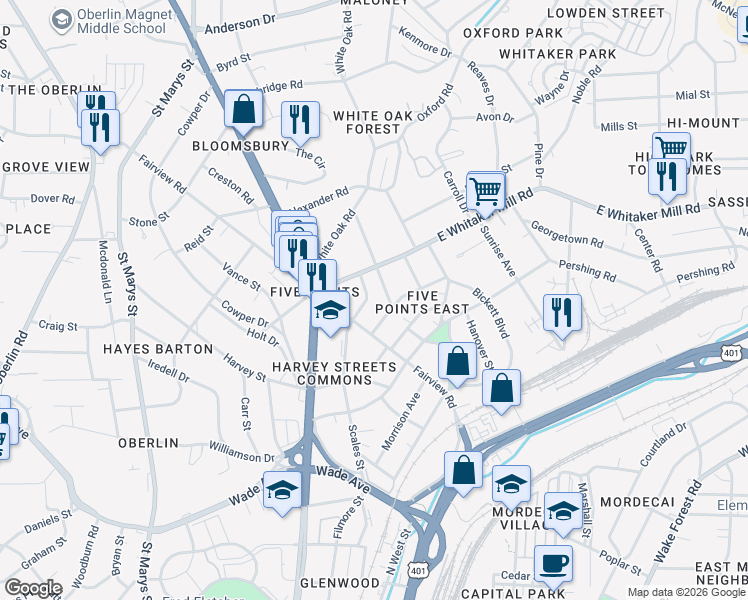 map of restaurants, bars, coffee shops, grocery stores, and more near 1708 Scales Street in Raleigh
