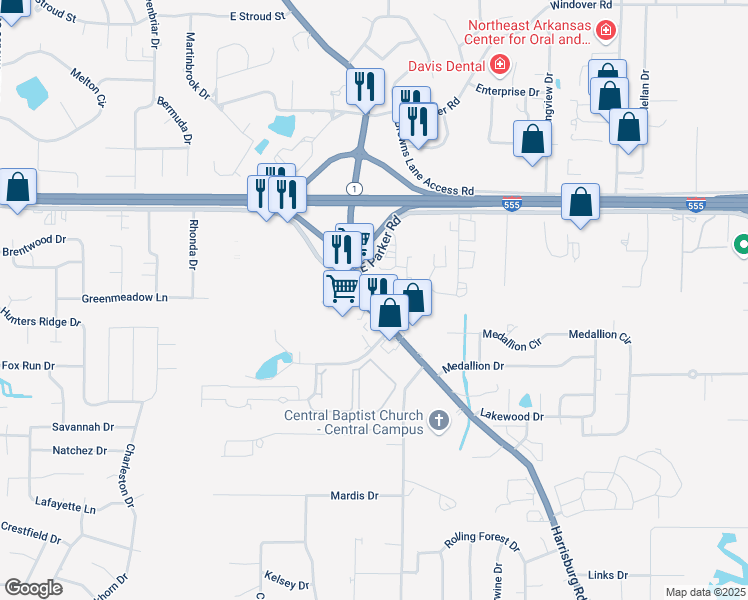 map of restaurants, bars, coffee shops, grocery stores, and more near 900 Garden Parkway in Jonesboro
