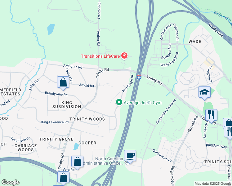 map of restaurants, bars, coffee shops, grocery stores, and more near 1005 Vino Drive in Raleigh
