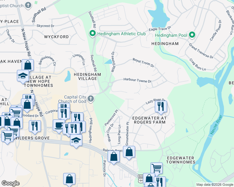 map of restaurants, bars, coffee shops, grocery stores, and more near 4916 Royal Adelaide Way in Raleigh