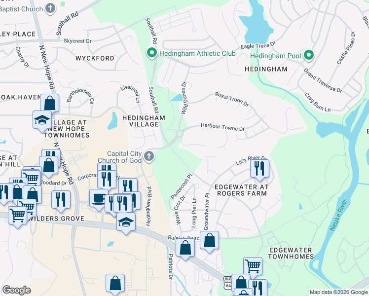 map of restaurants, bars, coffee shops, grocery stores, and more near 4916 Royal Adelaide Way in Raleigh
