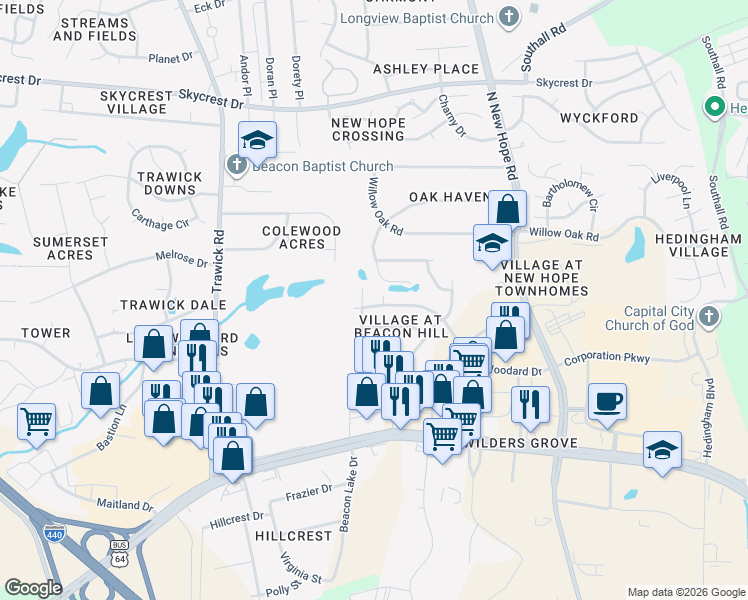 map of restaurants, bars, coffee shops, grocery stores, and more near 4180 Lake Woodard Drive in Raleigh