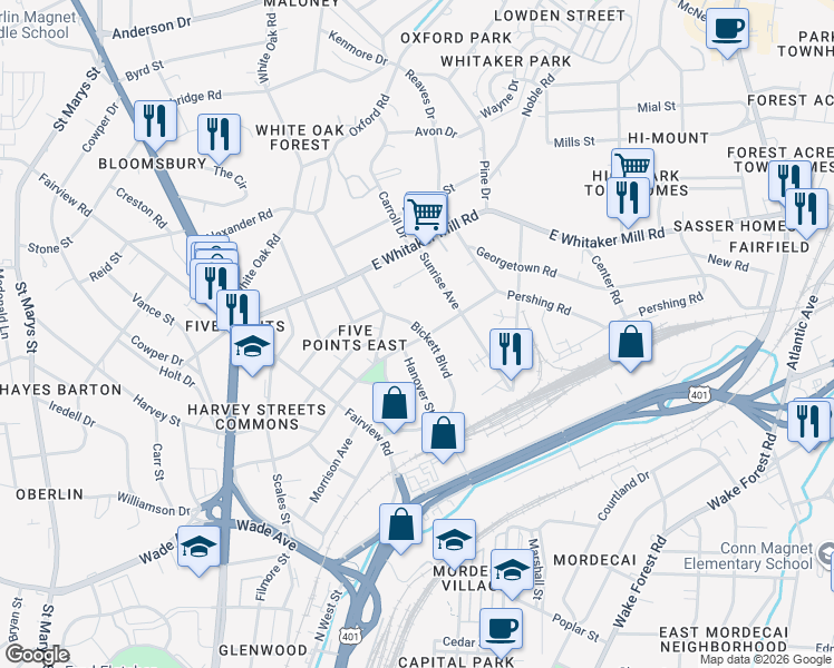 map of restaurants, bars, coffee shops, grocery stores, and more near 25 East Aycock Street in Raleigh