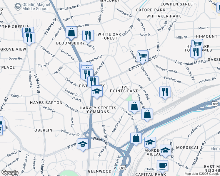 map of restaurants, bars, coffee shops, grocery stores, and more near 1708 Scales Street in Raleigh