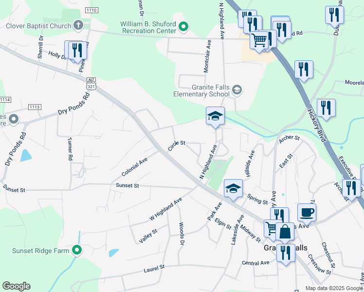 map of restaurants, bars, coffee shops, grocery stores, and more near 12 Hickory Street in Granite Falls
