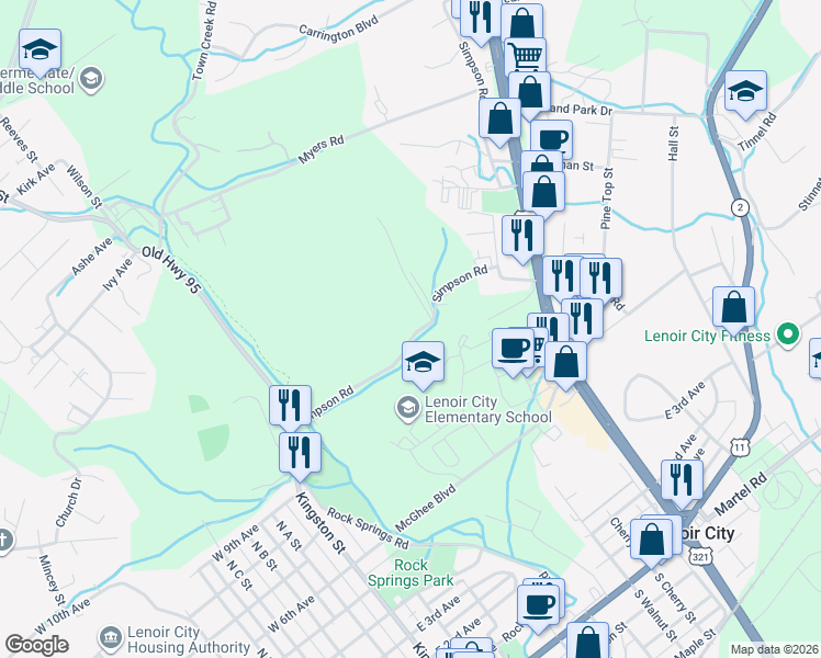 map of restaurants, bars, coffee shops, grocery stores, and more near 317 Simpson Road in Lenoir City