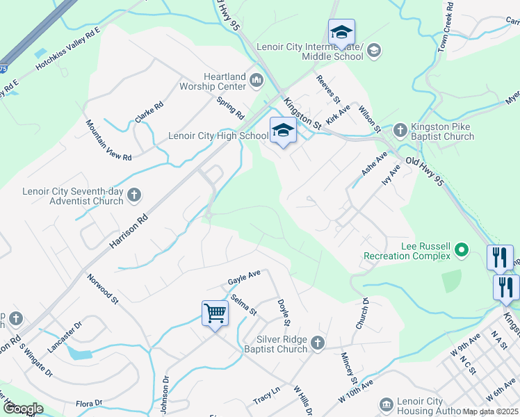 map of restaurants, bars, coffee shops, grocery stores, and more near 201 Jim Hartsook Dr in Lenoir City