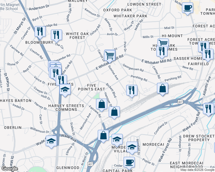 map of restaurants, bars, coffee shops, grocery stores, and more near 25 East Aycock Street in Raleigh