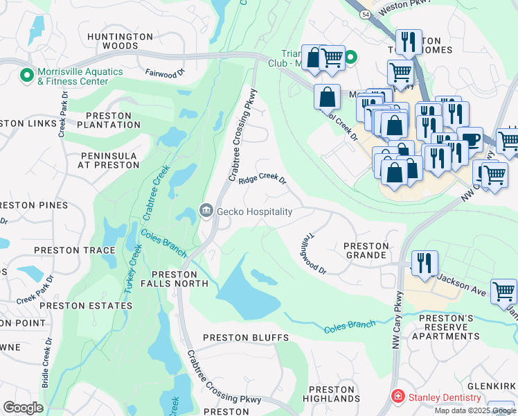 map of restaurants, bars, coffee shops, grocery stores, and more near 112 Vescova Lane in Morrisville