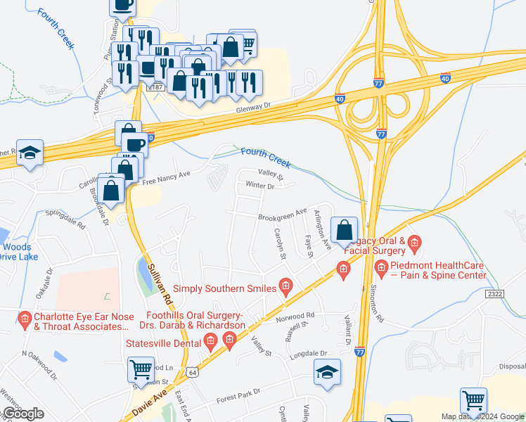 map of restaurants, bars, coffee shops, grocery stores, and more near 1100 Hunter Street in Statesville