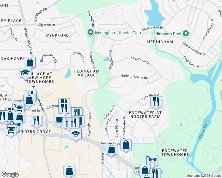 map of restaurants, bars, coffee shops, grocery stores, and more near 4916 Royal Adelaide Way in Raleigh
