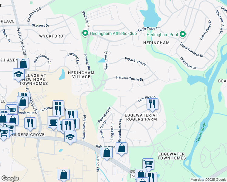 map of restaurants, bars, coffee shops, grocery stores, and more near 4940 Royal Adelaide Way in Raleigh