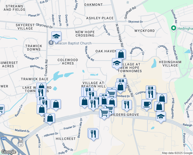 map of restaurants, bars, coffee shops, grocery stores, and more near 4255 Lake Woodard Drive in Raleigh