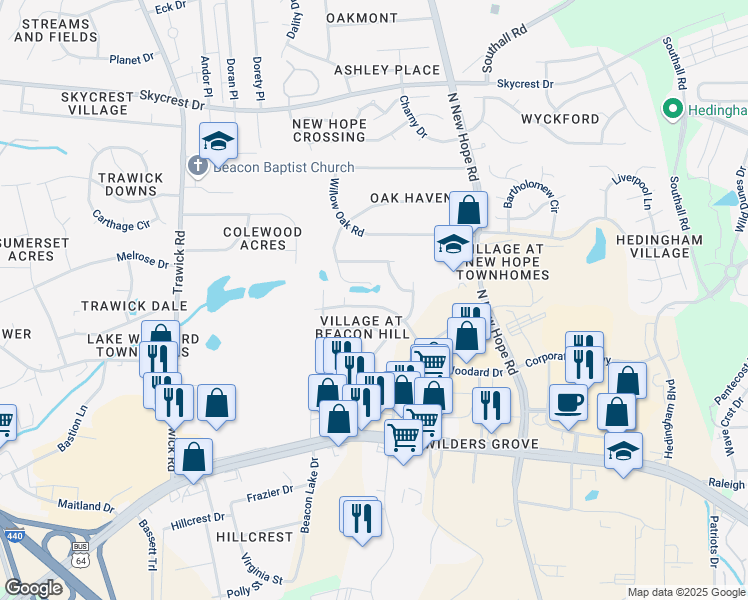 map of restaurants, bars, coffee shops, grocery stores, and more near 4255 Lake Woodard Drive in Raleigh