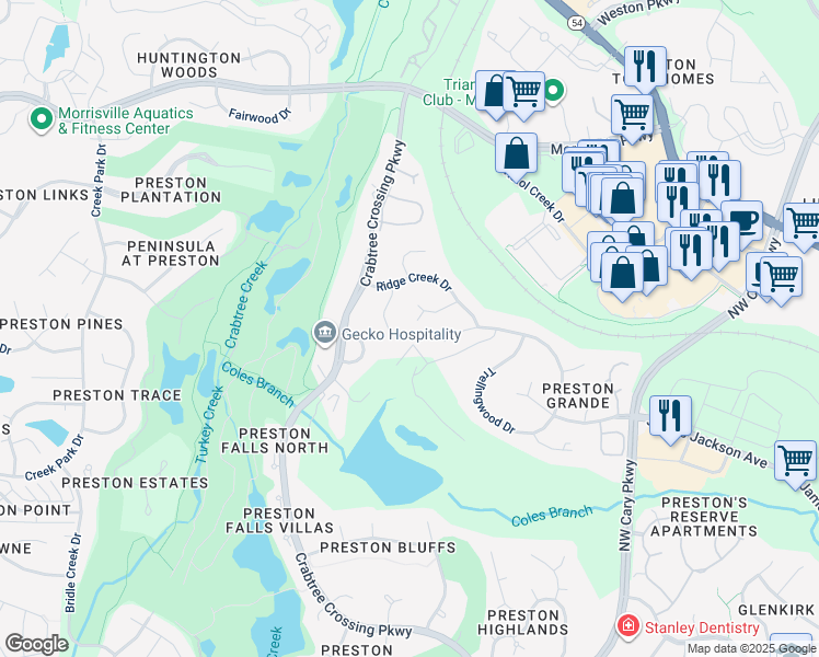 map of restaurants, bars, coffee shops, grocery stores, and more near 112 Vescova Lane in Morrisville