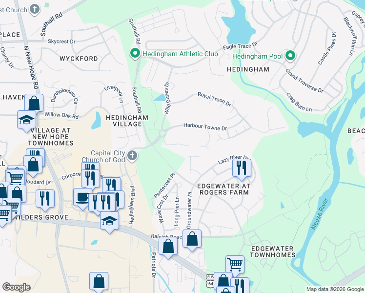 map of restaurants, bars, coffee shops, grocery stores, and more near 4948 Royal Adelaide Way in Raleigh