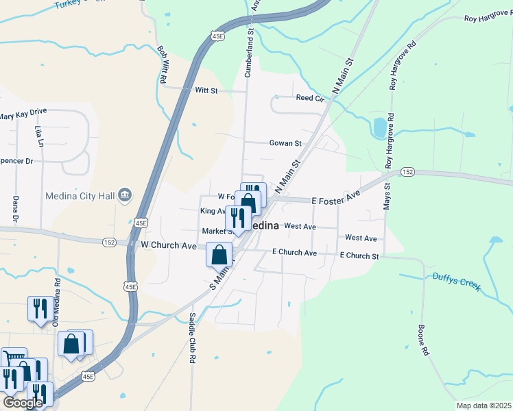 map of restaurants, bars, coffee shops, grocery stores, and more near 227 North 2nd Street in Medina