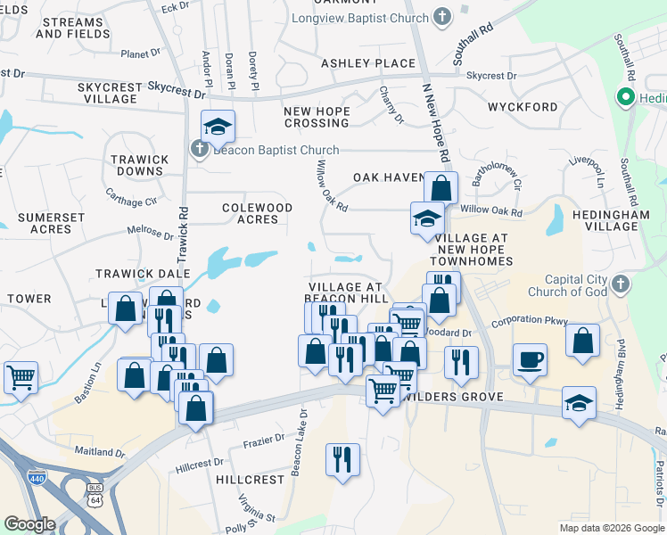map of restaurants, bars, coffee shops, grocery stores, and more near 4232 Lake Woodard Drive in Raleigh