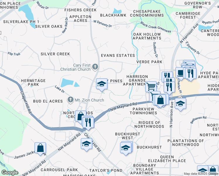 map of restaurants, bars, coffee shops, grocery stores, and more near 1000 Evans Road in Cary
